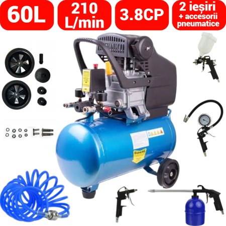 Scule electrice - Compresor aer comprimat 60L 3.8CP 210L min + kit pmeumatic 5piese 8bar (BX-3257+)