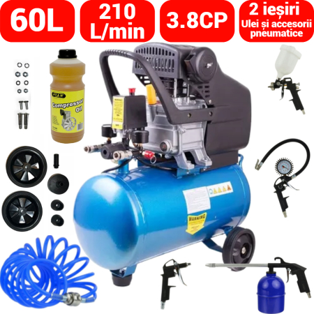 Compresoare - BlackFriday Compresor aer comprimat 60L 3.8CP 210L min + kit pneumatic 5piese 8bar (BX-3257+)