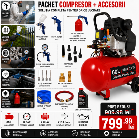 Compresoare - Compresor aer comprimat 60L 3.8CP 210L min + kit pneumatic 5piese 8bar (BXAC60++)