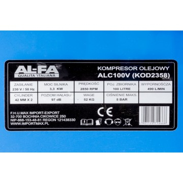 Compresor aer de ulei 100L 3 kW debit 490 l/min 2 pistoane 8 bar  2850 rpm (ALC-100V) [10]