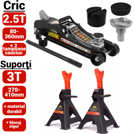 Scule Atelier Auto - Cric hidraulic 2.5T 80-360mm talie joasa + set 2 suporti auto 3T (2.5T(+)+3T)