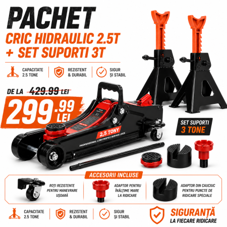 Scule Atelier Auto - Cric hidraulic 2.5T 80-360mm talie joasa + set 2 suporti auto 3T (2.5T(+)+3T-2)