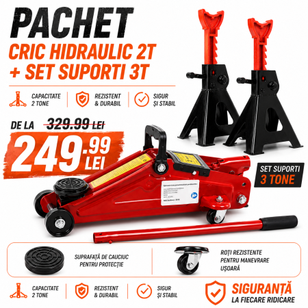Scule Atelier Auto - Cric hidraulic 2T 130-295mm + set 2 suporti auto 3T 280-420mm (2T+3T-2)