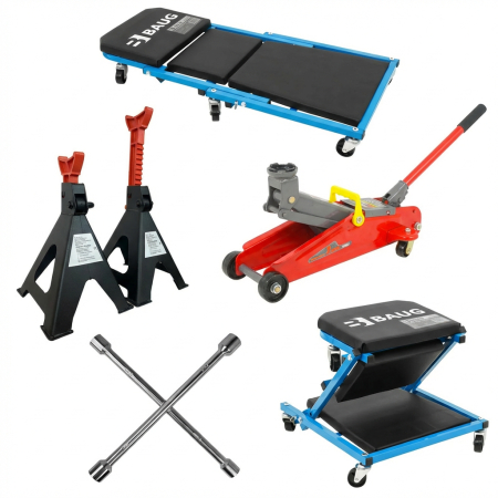 Scule Atelier Auto - Cric hidraulic 2t tip crocodil ridicare auto + set 2 suporti sustinere tip capra 3t + cheie cruce prezoane roti  + scaun pat 2 in 1 atelier (V80099+OX-467+KD10532+B4902)