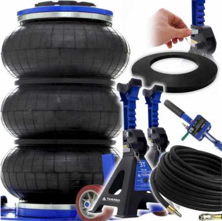 Suporti - Cric pneumatic 3.5 Tone profesional cu perna de aer + set 2 suporti sustinere tip capre 3 T + furtun aer 10m 20 bari 10x17mm (VRF08350+KD3096+KD1465)