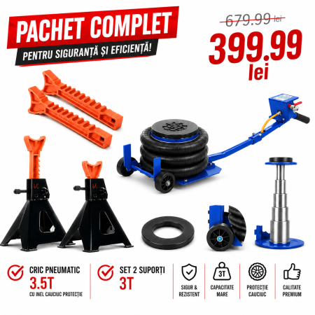 Scule Atelier Auto - Cric pneumatic 3.5 Tone profesional cu pernă de aer pentru vulcanizare 14-40cm + Set 2 suporti sustinere tip capra 3 Tone auto (3.5TAIR+3T(2))