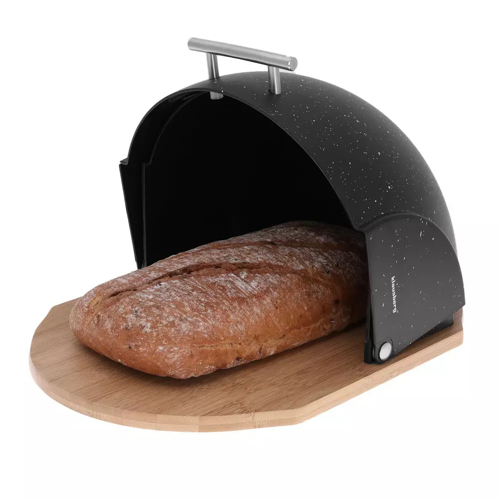 Depozitare si organizare - Cutie pentru paine din bambus si acrilic aspect marmura neagra  (KB-7277)