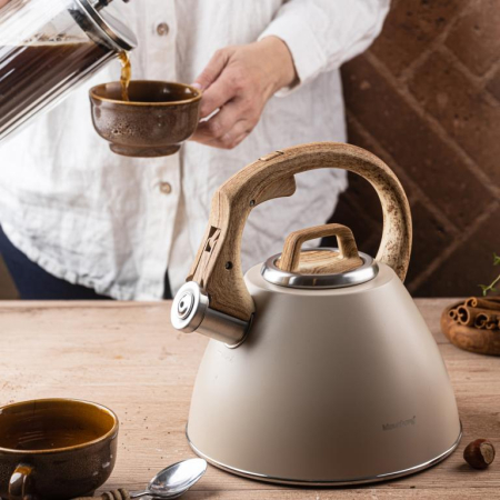 Fierbator apa 2.5L din inox bej cu maner imitatie lemn si fluier (KB-7954) [14]