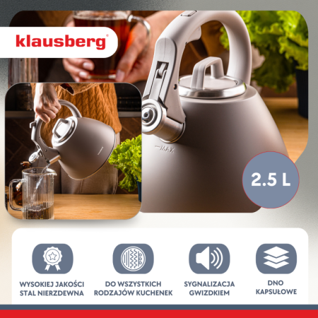 Fierbator apa 2.5L din inox culoare bej mat cu fluier si maner soft touch (KB-7953) [14]