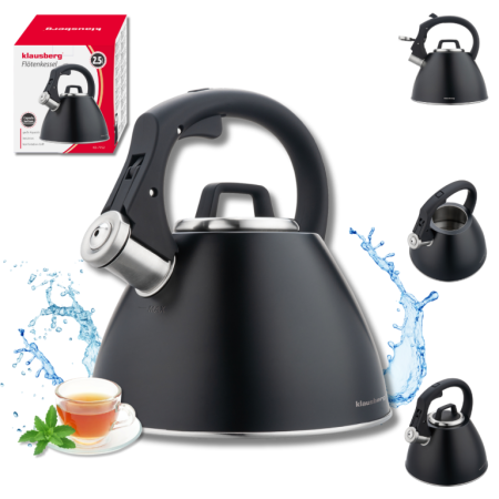 Fierbatoare - Fierbator apa 2.5L din inox negru mat cu fluier si maner soft touch pentru toate plitele (KB-7952)
