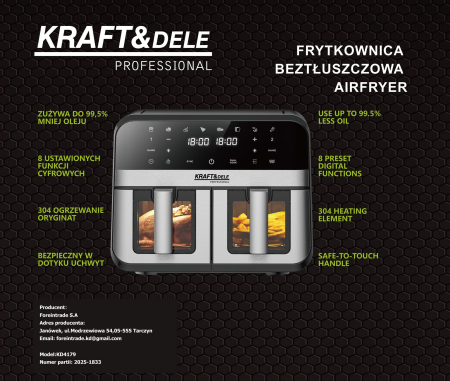 Friteuza cu aer cald Air Fryer 9L 2500W cu 2 compartimente si display LCD (KD4179) [18]