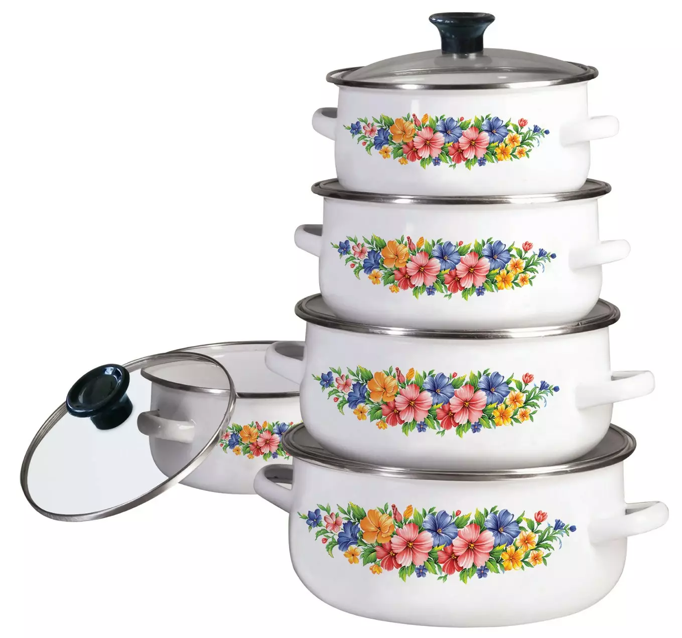 Oale si cratite - Set de oale emailate cu capace, 5oale si 5 capace, model floral alb (KB-7169)