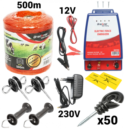 Kit pachet complet gard electric 12 / 220V 3.5 Joule fir 500m 50 izolatori (BK87115) [0]