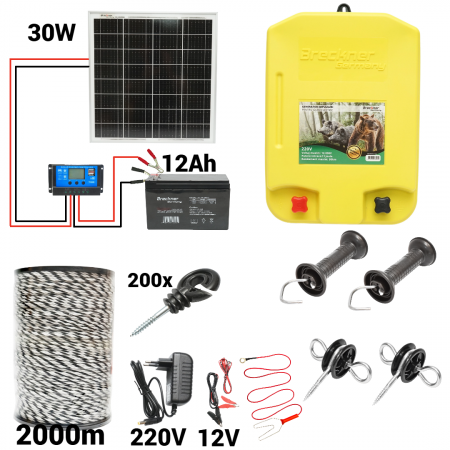 Pachete/kit-uri gard electric - Kit pachet gard electric 11 Joule 12 220V panou 30W baterie 12ah 2000m 4mm (DISPK76-2000(4mm)-30W-12ah)