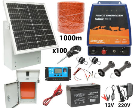 Pachete/kit-uri gard electric - Kit pachet gard electric 12 Joule 12 220V 1000m cu kit fotovoltaic panou solar 30W baterie 12V 12Ah cutie protectie cu suport panou (BK87126-1000-30W-12Ah-Cutie)