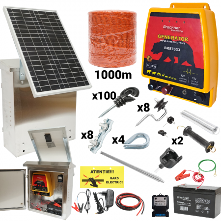 Pachete/kit-uri gard electric - Kit pachet gard electric 12 Joule 12 220V 1000m panou solar 30W baterie 12V 12Ah cutie din inox + accesorii (BK87633-1000-04-30W-12Ah)