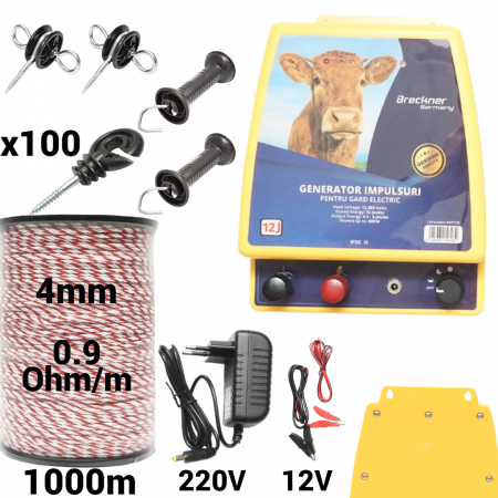 Gard electric - pachete si accesorii - Kit pachet gard electric 12 Joule 12 220V fir 1000m 100 izolatori (BK87122-1000-4mm-01)