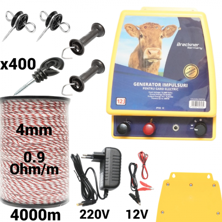 Gard electric - pachete si accesorii - Kit pachet gard electric 12 Joule 12 220V fir 4000m 400 izolatori (BK87122-4000-4mm-01)