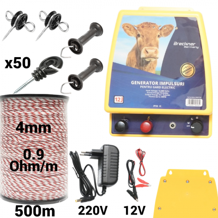 Gard electric - pachete si accesorii - Kit pachet gard electric 12 Joule 12 220V fir 500m 50 izolatori (BK87122-500-4mm-01)