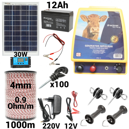 Gard electric - pachete si accesorii - Kit pachet gard electric 12 Joule 12 220V panou 30w baterie 12ah 1000m (BK87122-1000-4mm-30W-12ah)