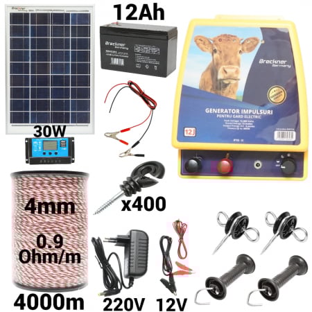 Gard electric - pachete si accesorii - Kit pachet gard electric 12 Joule 12 220V panou 30w baterie 12ah 4000m (BK87122-4000-4mm-30W-12ah)