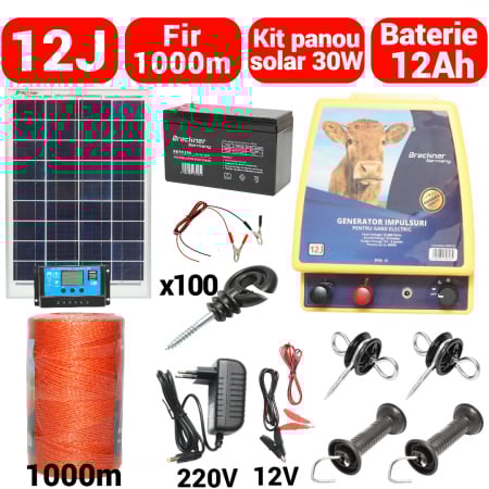 Pachete/kit-uri gard electric - Kit pachet gard electric 12 Joule 12 220V cu kit fotovoltaic panou 30W baterie 12ah 1000m (BK87122-1000-30W-12ah)