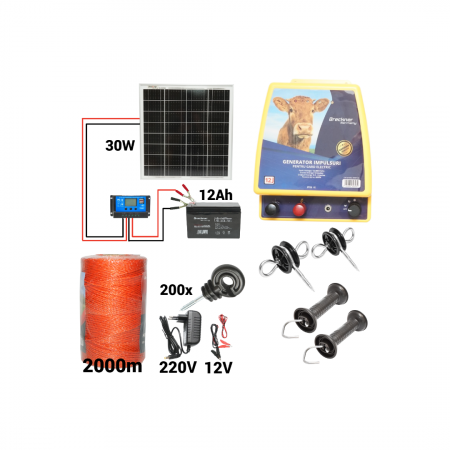 Gard electric - pachete si accesorii - Kit pachet gard electric 12 Joule 12 220V panou baterie 12ah fir 2000m (BK87122-2000-30w-12ah)