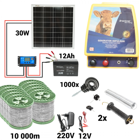 Pachete/kit-uri gard electric - Kit pachet gard electric 12 Joule 12 220V panou baterie  sarma 150 kg 0.12 ohm 10000m 1000 izolatori (BK87122-10000S13-30W-12Ah)
