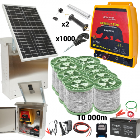 Pachete/kit-uri gard electric - Kit pachet gard electric 12 Joule sarma 150 kg 0.12 ohm 12 220V 10000m cu kit fotovoltaic panou solar 30W baterie 12V 12Ah cutie din inox (BK87633-10000S(-30W-12Ah))