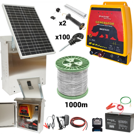 Pachete/kit-uri gard electric - Kit pachet gard electric 12 Joule sarma 150 kg 0.12 ohm 12 220V 1000m cu kit fotovoltaic panou solar 30W baterie 12V 12Ah cutie din inox (BK87633-1000S(-30W-12Ah))