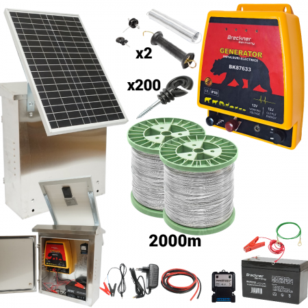 Pachete/kit-uri gard electric - Kit pachet gard electric 12 Joule sarma 150 kg 0.12 ohm 12 220V 2000m cu kit fotovoltaic panou solar 30W baterie 12V 12Ah cutie din inox (BK87633-2000S(-30W-12Ah))