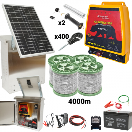 Pachete/kit-uri gard electric - Kit pachet gard electric 12 Joule sarma 150 kg 0.12 ohm 12 220V 4000m cu kit fotovoltaic panou solar 30W baterie 12V 12Ah cutie din inox (BK87633-4000S(-30W-12Ah))