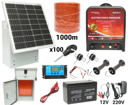 Pachete/kit-uri gard electric - Kit pachet gard electric 14 Joule 12 220V 1000m cu kit fotovoltaic panou solar 30W baterie 12V 18Ah cutie protectie cu suport panou (BK87613-1000-30W-18Ah-Cutie)