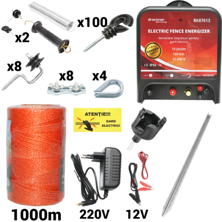 Pachete/kit-uri gard electric - Kit pachet gard electric 14 Joule 12 220V fir 1000m 100 izolatori + accesorii (BK87613-1000-04-01)