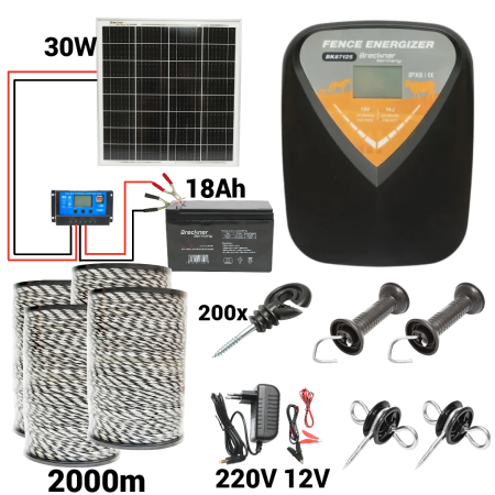 Kit pachet gard electric 14 Joule 12 220V panou 30W baterie 18ah 2000m 4mm (BK87125-2000(4mm)-30W-18ah) [0]