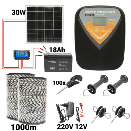 Pachete/kit-uri gard electric - Kit pachet gard electric 14 Joule 12 220V panou 30W baterie 18ah 1000m 4mm (BK87125-1000(4mm)-30W-18ah)