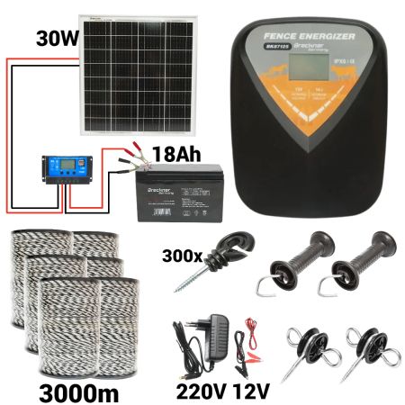 Kit pachet gard electric 14 Joule 12 220V panou 30W baterie 18ah 3000m 4mm (BK87125-3000(4mm)-30W-18ah) [0]