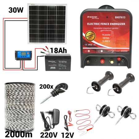 Pachete/kit-uri gard electric - Kit pachet gard electric 14 Joule 12 220V panou 30W baterie 18ah 2000m 4mm (BK87613-2000(4mm)-30W-18ah)