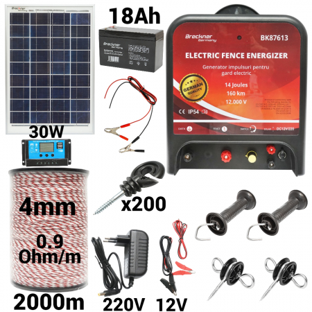 Gard electric - pachete si accesorii - Kit pachet gard electric 14 Joule 12 220V panou 30W baterie 18ah 2000m (BK87613-2000-4mm-30W-18ah)
