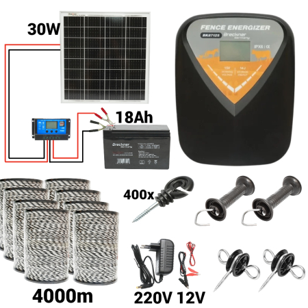 Kit pachet gard electric 14 Joule 12 220V panou 30W baterie 18ah 4000m 4mm (BK87125-4000(4mm)-30W-18ah) [0]