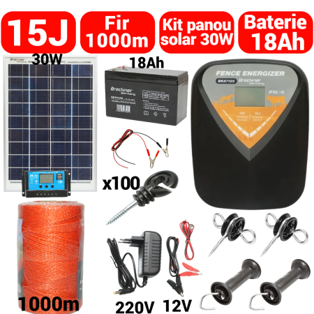 Pachete/kit-uri gard electric - BlackFriday Kit pachet gard electric 14 Joule 12 220V panou baterie 18ah 1000m (BK87125-1000-30w-18ah)