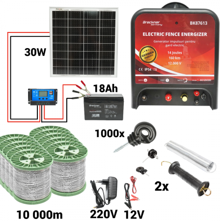 Pachete/kit-uri gard electric - Kit pachet gard electric 14 Joule 12 220V panou baterie sarma 150 kg 0.12 ohm 10000m 1000 izolatori (BK87613-10000S13-30W-18Ah)