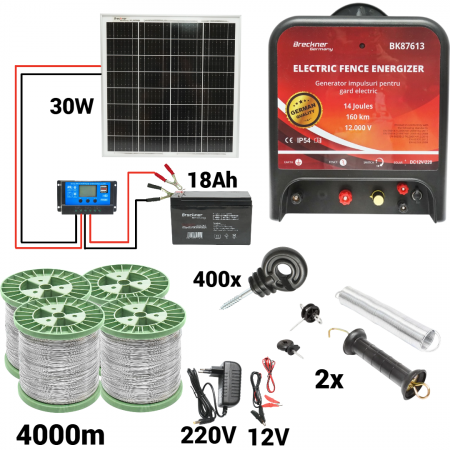 Pachete/kit-uri gard electric - Kit pachet gard electric 14 Joule 12 220V panou baterie sarma 150 kg 0.12 ohm 4000m 400 izolatori (BK87613-4000S13-30W-18Ah)
