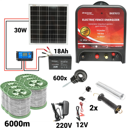 Pachete/kit-uri gard electric - Kit pachet gard electric 14 Joule 12 220V panou baterie sarma 150 kg 0.12 ohm 6000m 600 izolatori (BK87613-6000S13-30W-18Ah)