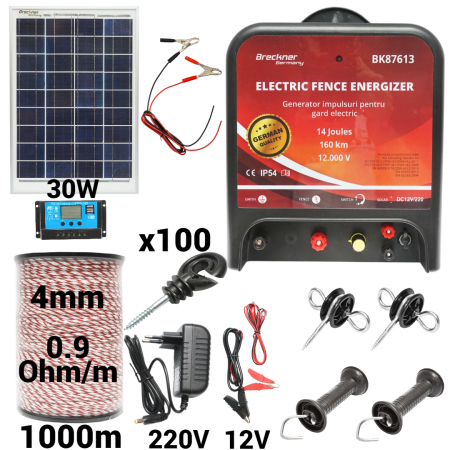 Gard electric - pachete si accesorii - Kit pachet gard electric 14 Joule 12 220V panou solar 30W 1000m 100 izolatori (BK87613-1000-4mm-30W)