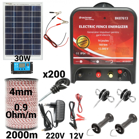 Gard electric - pachete si accesorii - Kit pachet gard electric 14 Joule 12 220V panou solar 30W 2000m 200 izolatori (BK87613-2000-4mm-30W)