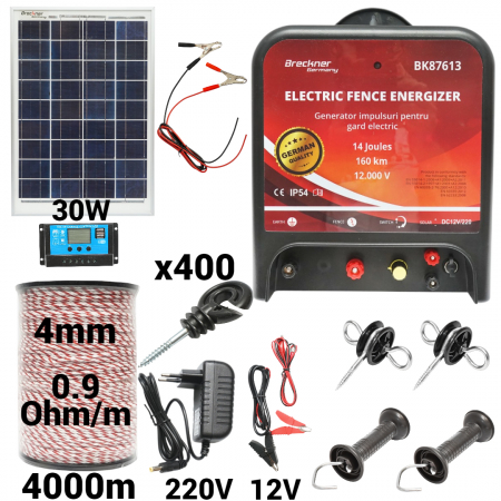 Gard electric - pachete si accesorii - Kit pachet gard electric 14 Joule 12 220V panou solar 30W 4000m 400 izolatori (BK87613-4000-4mm-30W)