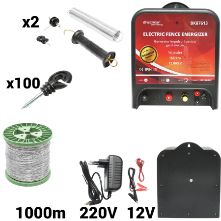 Pachete/kit-uri gard electric - Kit pachet gard electric 14 Joule 12 220V sarma 150 kg 0.4 Ohm 1000m 100 izolatori (BK87613-1000S13-01)