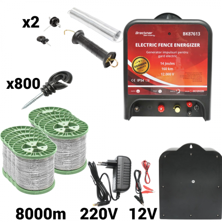 Pachete/kit-uri gard electric - Kit pachet gard electric 14 Joule 12 220V sarma 150 kg 0.4 Ohm 8000m 800 izolatori (BK87613-8000S13-01)