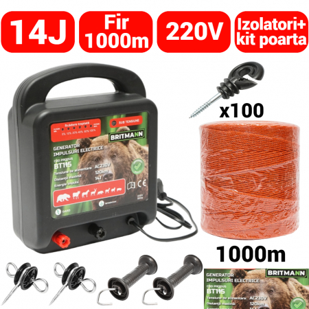 Gard electric - pachete si accesorii - Kit pachet gard electric 14 Joule 220V fir 1000m 100 izolatori (BT115-1000-01)